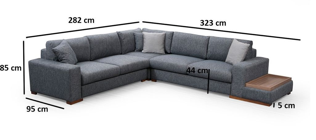 Canapé d'angle tissu anthracite avec étagère en bois sur la droite Kaloé 323 cm - Photo n°10