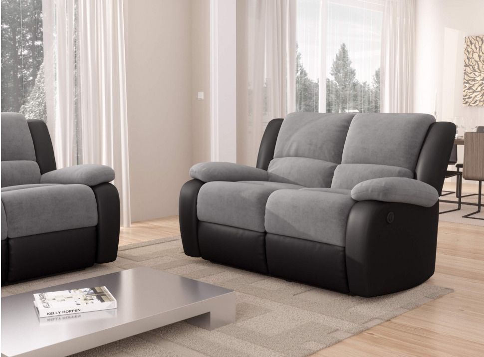 Canapé de relaxation électrique 2 places simili cuir noir et microfibre gris Confort - Photo n°2