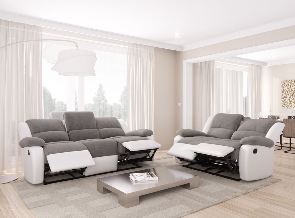 Canapé de relaxation manuel 3 places simili cuir blanc et microfibre gris Confort - Photo n°3