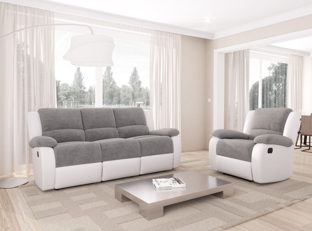 Canapé de relaxation manuel 3 places simili cuir blanc et microfibre gris Confort - Photo n°4
