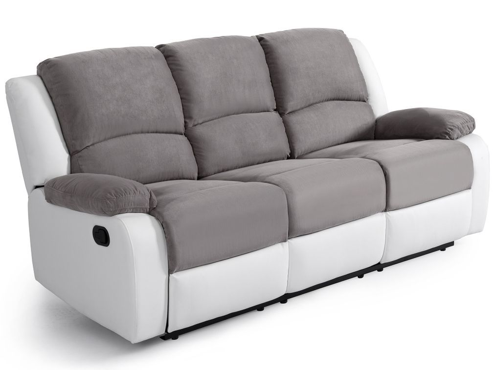 Canapé de relaxation manuel 3 places simili cuir blanc et microfibre gris Confort - Photo n°6