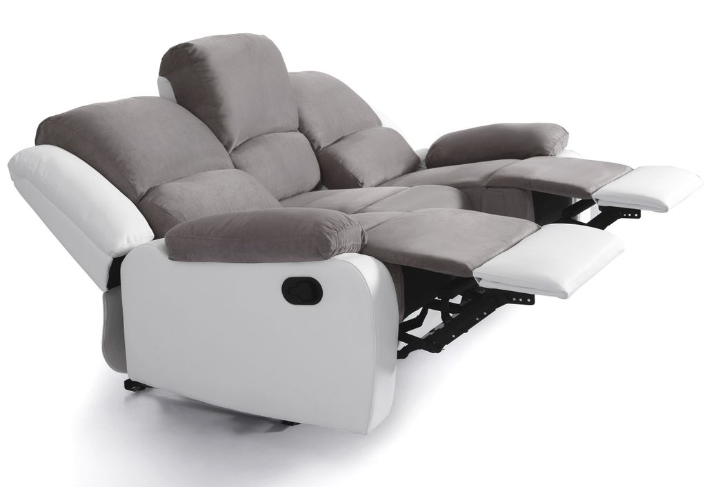 Canapé de relaxation manuel 3 places simili cuir blanc et microfibre gris Confort - Photo n°7