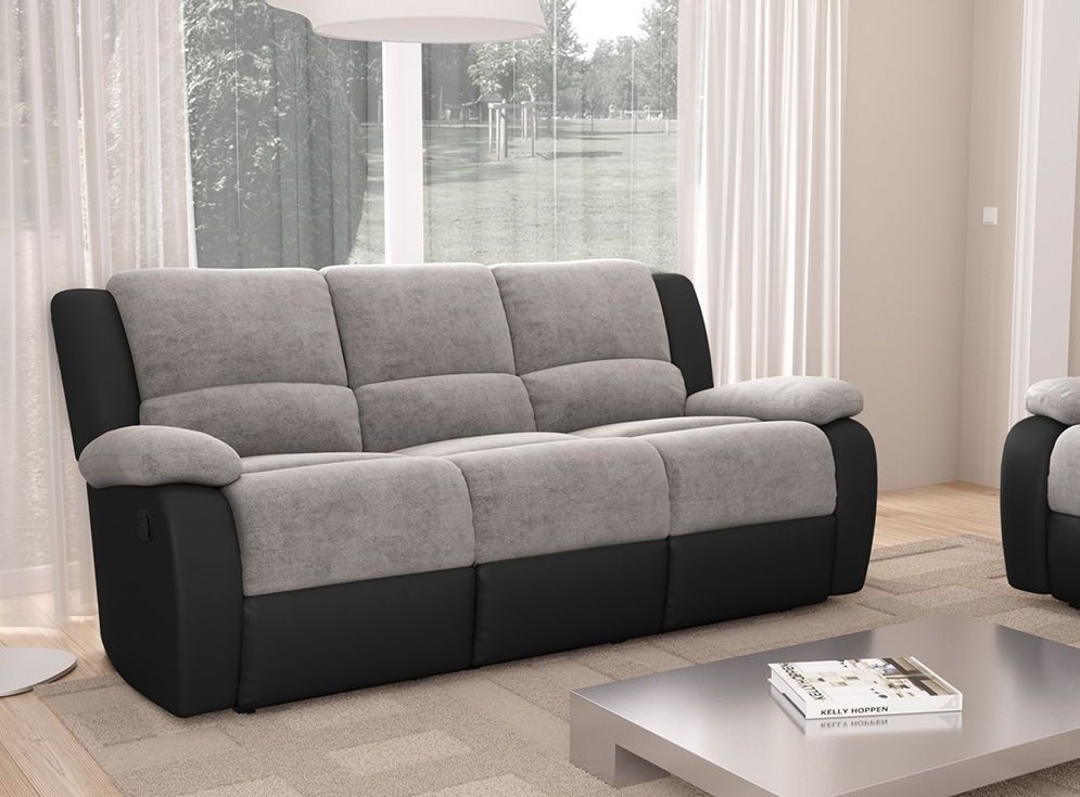 Canapé de relaxation manuel 3 places simili cuir noir et microfibre gris Confort - Photo n°2