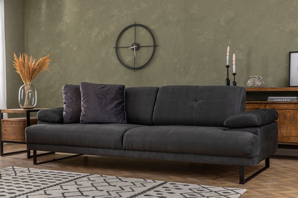 Canapé droit moderne 3 places tissu doux anthracite pieds métal noir Kustone 239 cm - Photo n°3