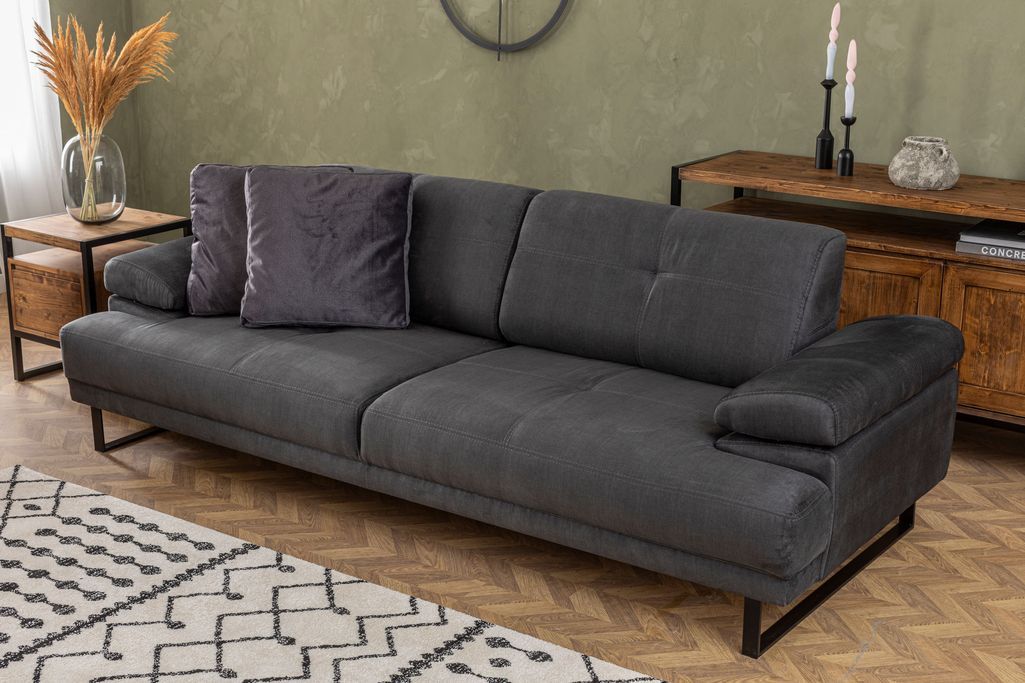 Canapé droit moderne 3 places tissu doux anthracite pieds métal noir Kustone 239 cm - Photo n°11