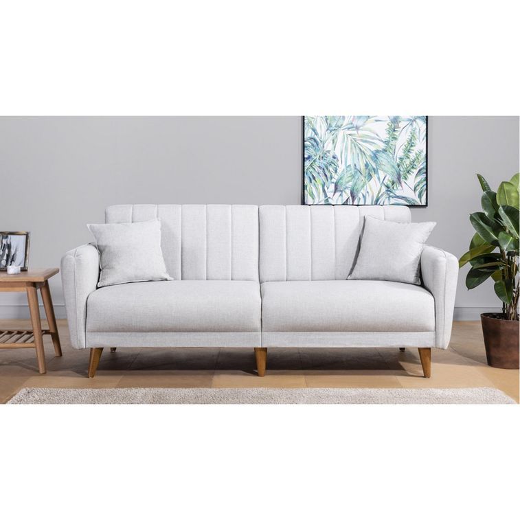 Canapé scandinave 3 places en tissu blanc cassé et bois clair