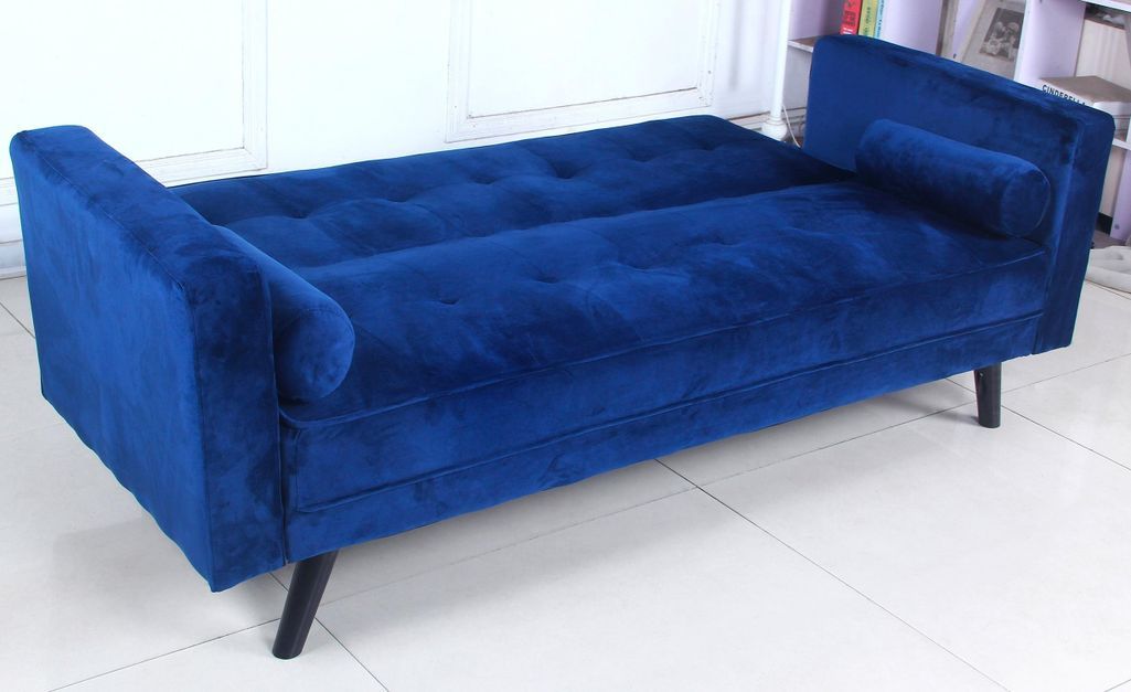Canapé lit 3 places velours bleu et pieds bois noir Cansy 186 cm - Photo n°3