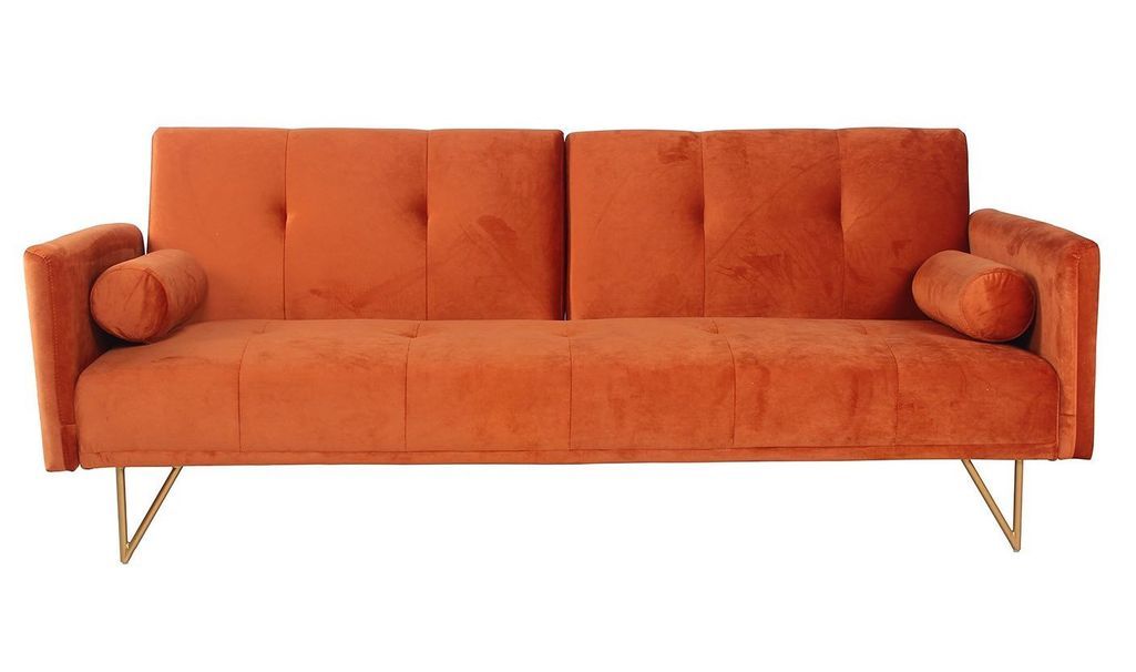 Canapé lit 3 places velours orange et pieds métal dorés Lokane - Photo n°1