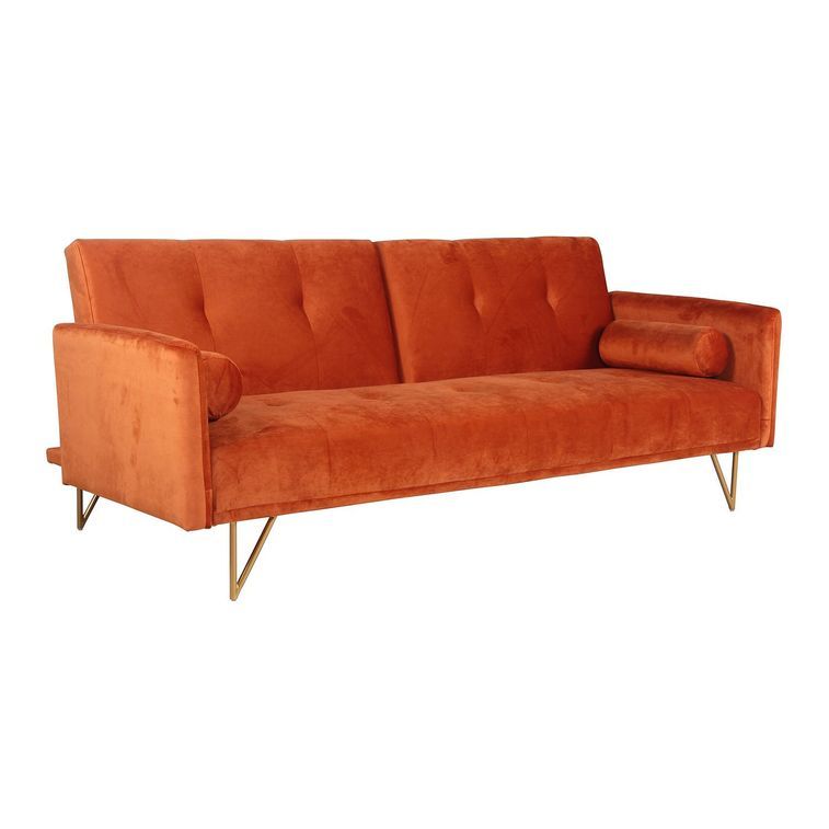 Canapé lit 3 places velours orange et pieds métal dorés Lokane - Photo n°2