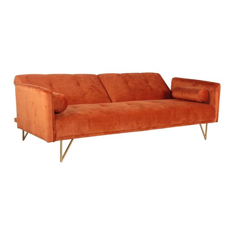 Canapé lit 3 places velours orange et pieds métal dorés Lokane - Photo n°5