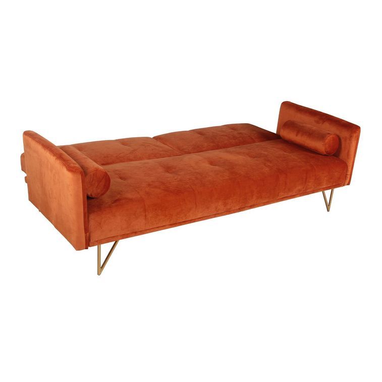 Canapé lit 3 places velours orange et pieds métal dorés Lokane - Photo n°6