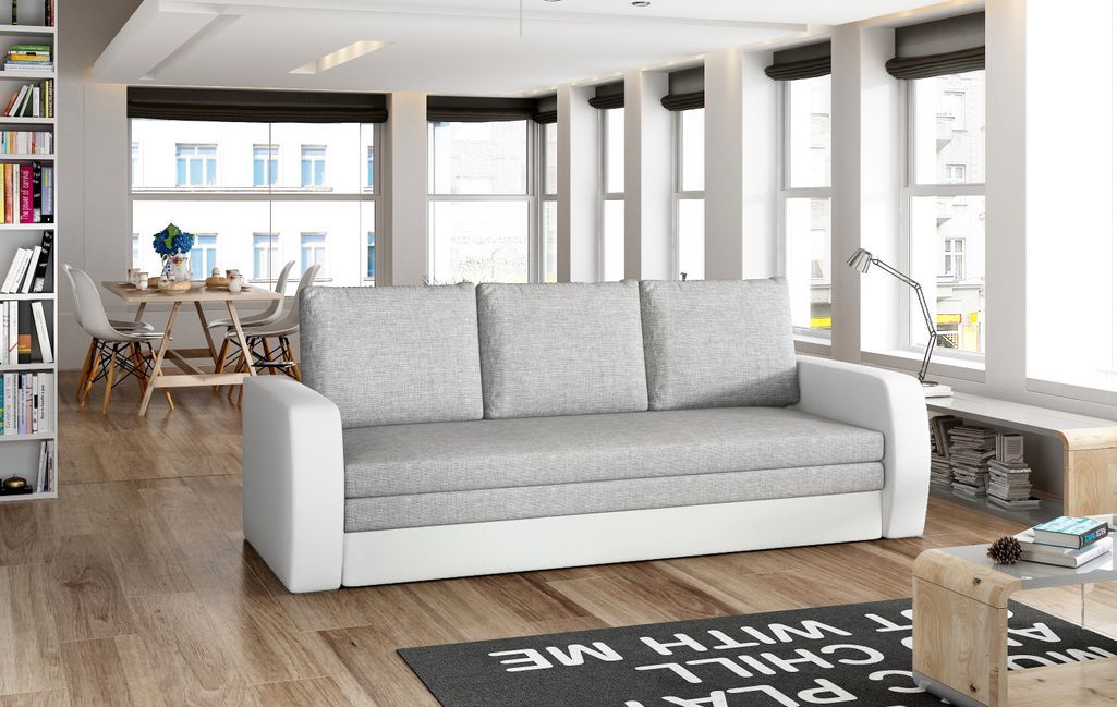 Canapé lit tissu gris clair et simili cuir blanc avec coffre de rangement Liverna 220 cm - Photo n°2