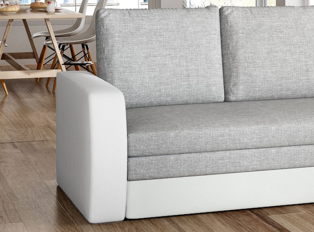 Canapé lit tissu gris clair et simili cuir blanc avec coffre de rangement Liverna 220 cm - Photo n°3