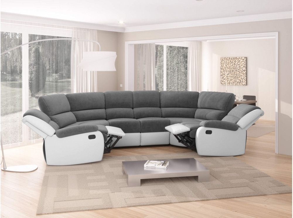 Canapé panoramique avec relaxation manuel simili cuir blanc et microfibre gris Spaco - Photo n°3