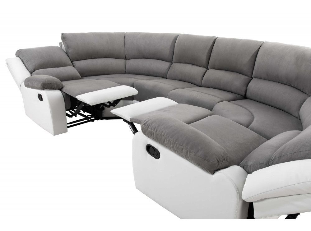 Canapé panoramique avec relaxation manuel simili cuir blanc et microfibre gris Spaco - Photo n°7