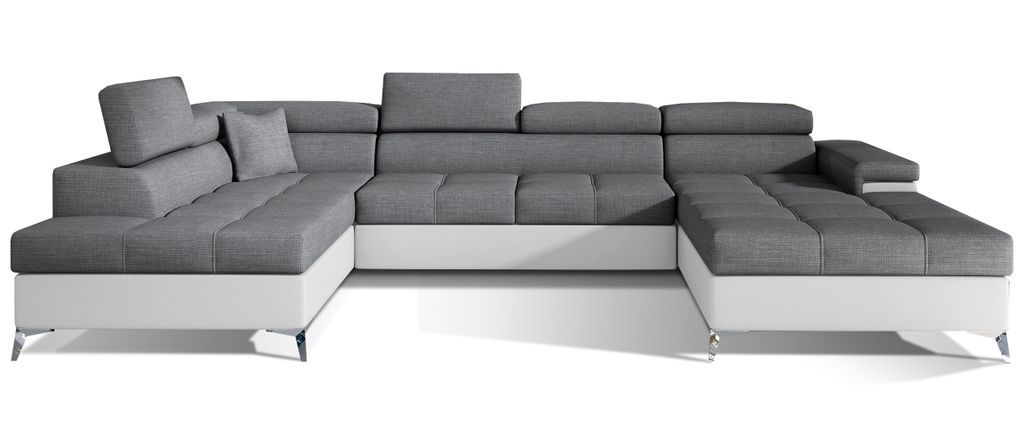 Canapé panoramique bi-matières tissu gris et simili cuir blanc coffre de rangement à gauche Kutty 345 cm - Photo n°1