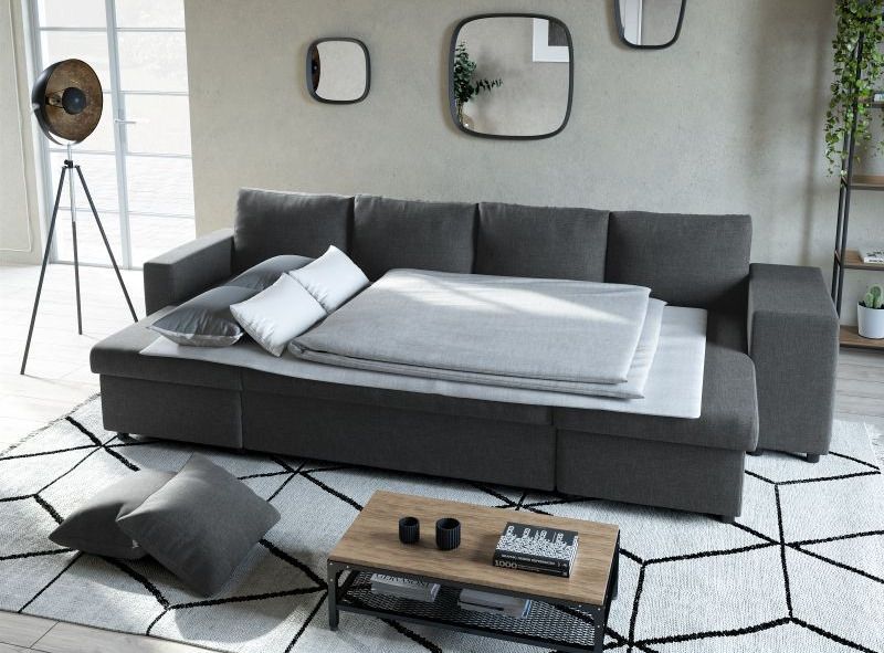 Canapé panoramique convertible poufs à droite tissu gris foncé Nuage 305 cm - Photo n°2