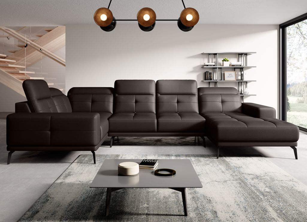 Canapé panoramique design simili cuir marron têtières angle gauche avec accoudoir Stan 350 cm - Photo n°1