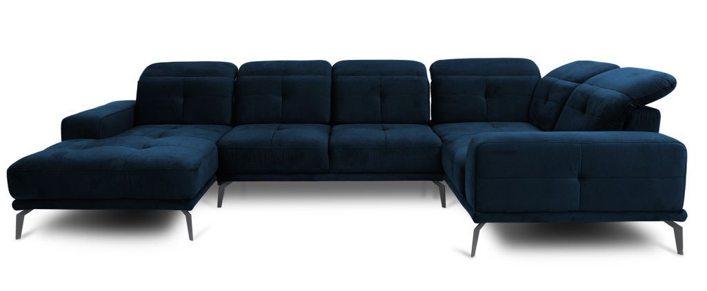 Canapé panoramique design tissu bleu nuit têtières angle droit avec accoudoir Stan 350 cm - Photo n°1