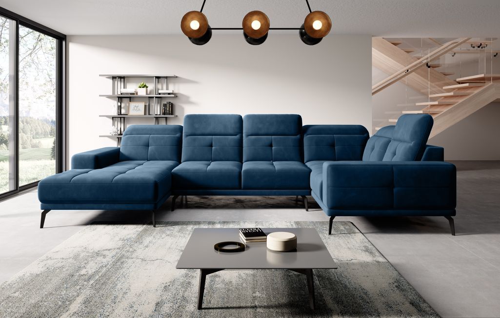 Canapé panoramique design tissu bleu nuit têtières angle droit avec accoudoir Stan 350 cm - Photo n°3