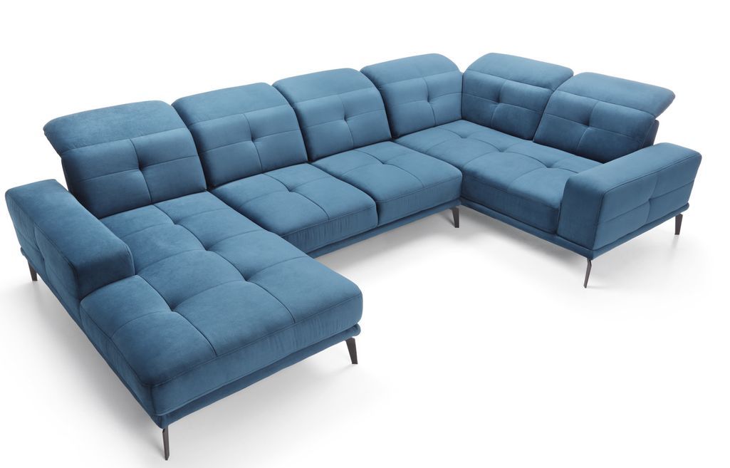 Canapé panoramique design tissu bleu nuit têtières angle droit avec accoudoir Stan 350 cm - Photo n°5