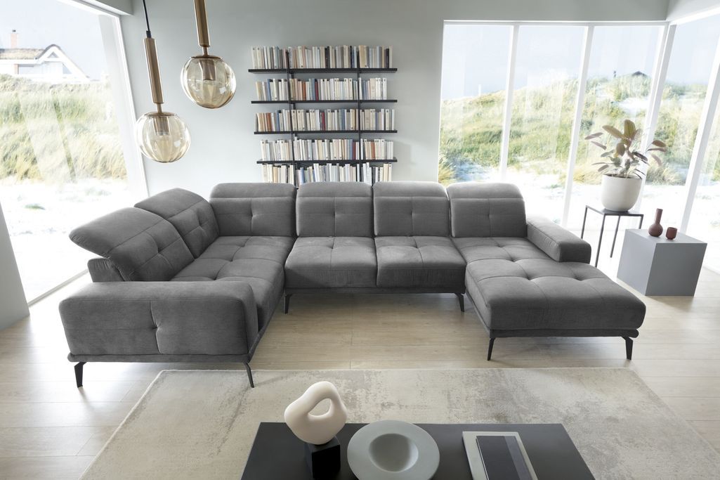 Canapé panoramique design tissu gris têtières angle gauche avec accoudoir Stan 350 cm - Photo n°3