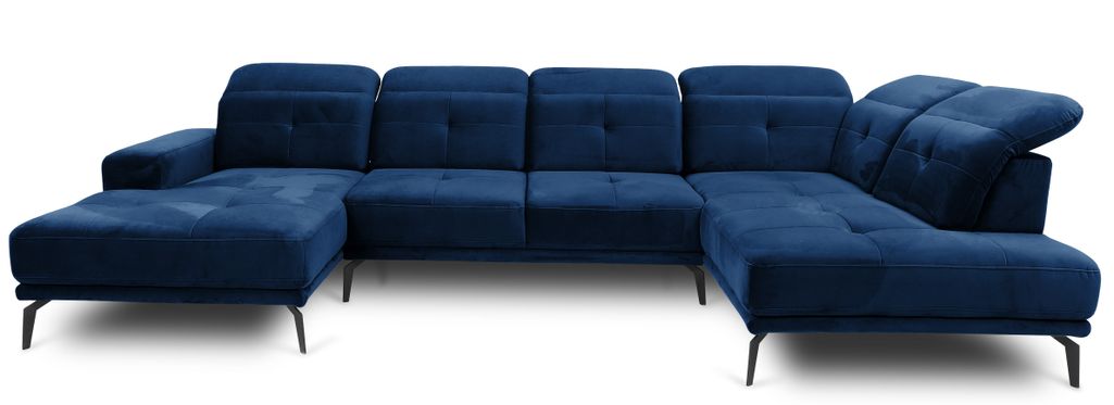 Canapé panoramique moderne tissu bleu nuit têtières angle droit Versus 350 cm - Photo n°1