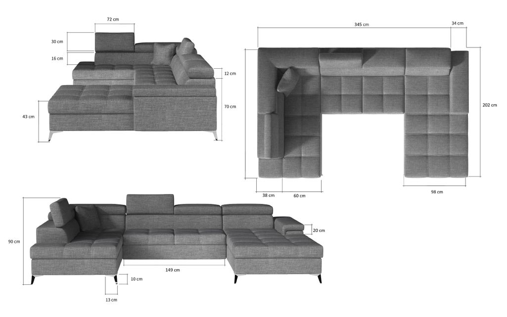 Canapé panoramique tissu noir coffre de rangement à gauche Kutty 345 cm - Photo n°13
