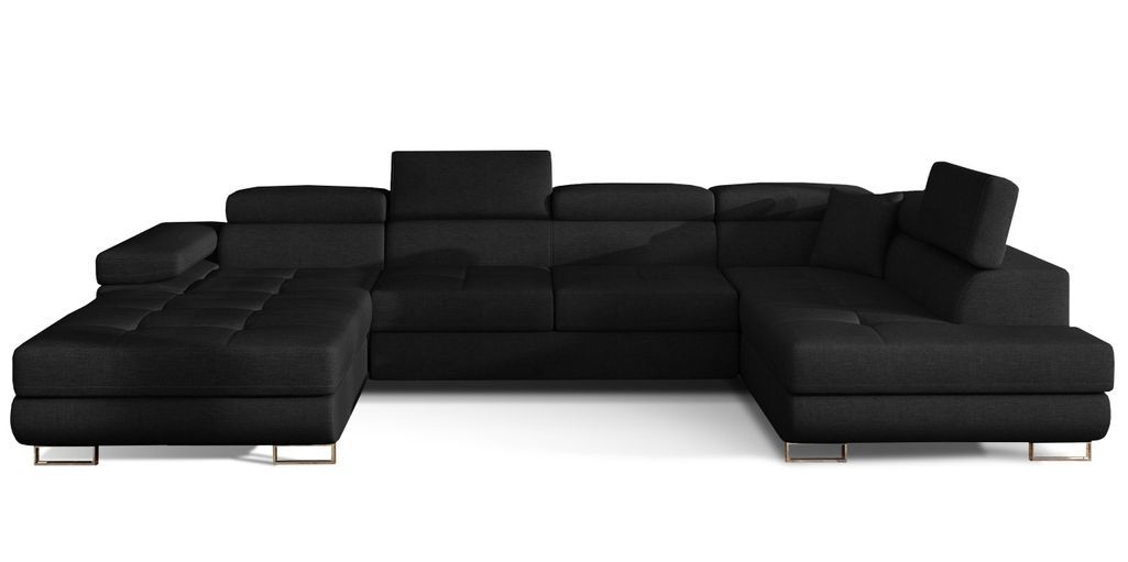 Canapé panoramique tissu noir convertible avec coffre de rangement Romano 345 cm - Photo n°1