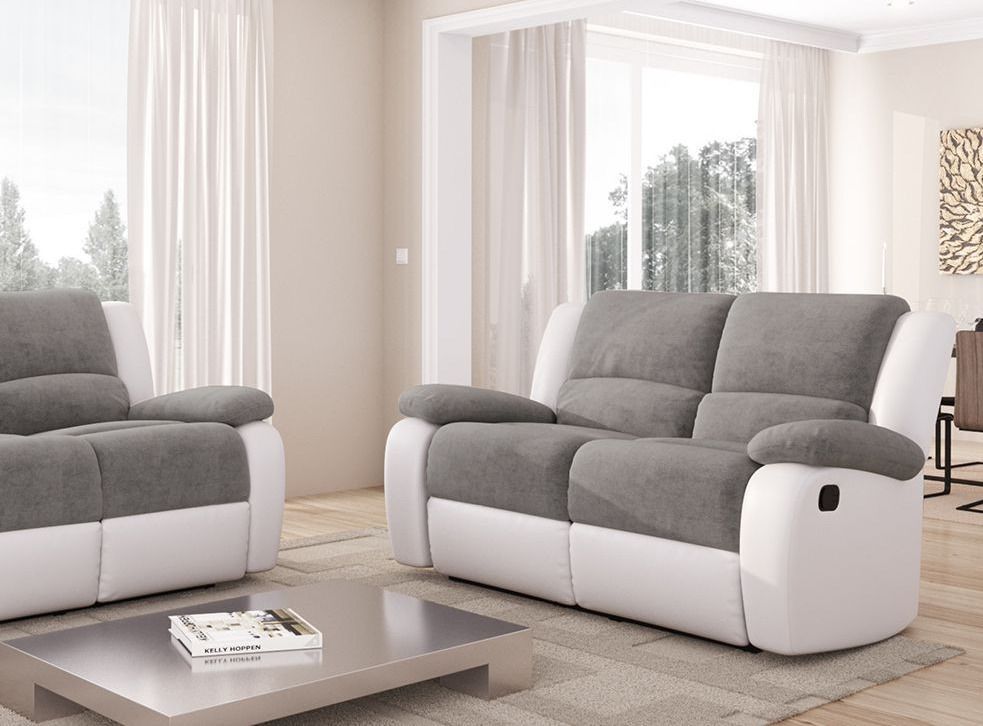 Canapé de relaxation manuel 2 places simili cuir blanc et microfibre gris Confort - Photo n°2