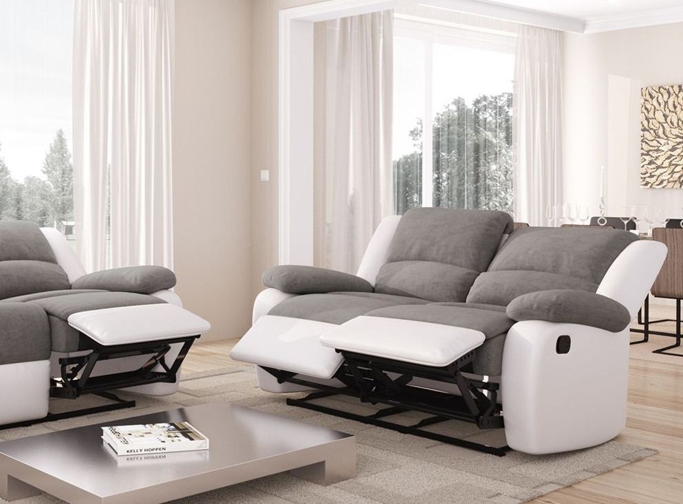 Canapé de relaxation manuel 2 places simili cuir blanc et microfibre gris Confort - Photo n°3