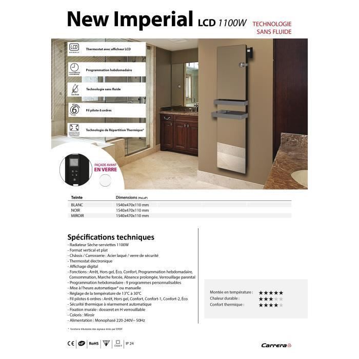 CARRERA New Imperial 1100 watts Radiateur Seche serviette électrique - Programmation LCD - Design Miroir - Photo n°4