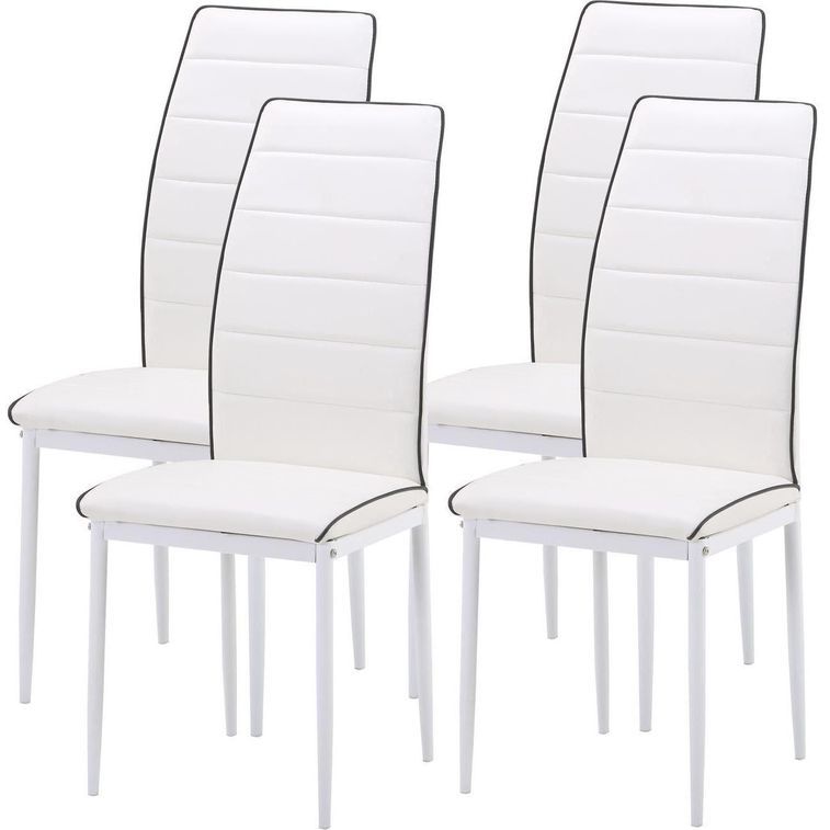 Chaise design simili blanc avec liseré noir et pieds metal blanc Toda - Lot de 4 - Photo n°1