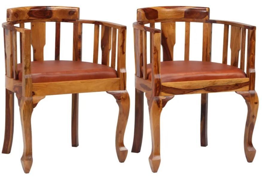 Chaise avec accoudoirs bois tropical Sesham vernis et assise en cuir - Lot de 2 - Photo n°1