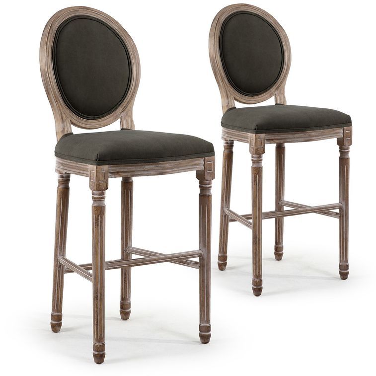 Chaise haute médaillon bois et tissu gris Louis XVI - Lot de 2 - Photo n°1
