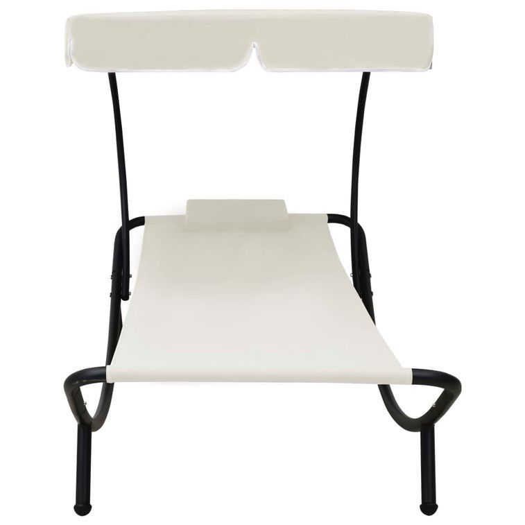 Chaise longue de jardin avec auvent et oreiller Blanc crème - Photo n°3