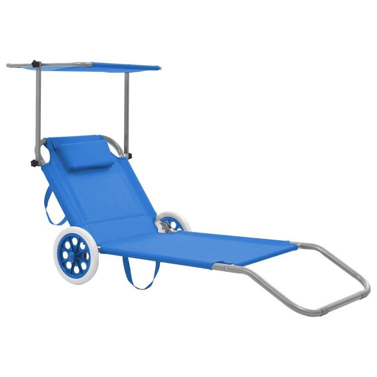 Chaise longue pliable à roulettes tissu bleu et métal Durra - Photo n°1