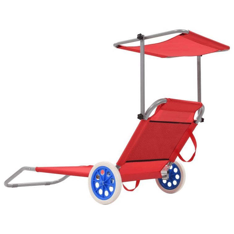 Chaise longue pliable à roulettes tissu rouge et métal Durra - Photo n°2