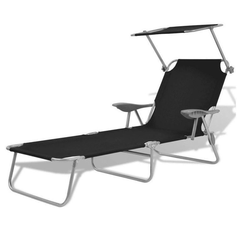 Chaise longue pliable avec auvent tissu noir et métal gris Zita - Photo n°1