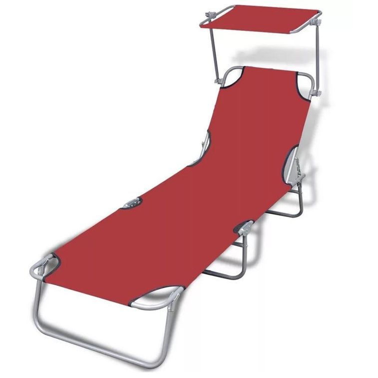 Chaise longue pliable avec auvent tissu rouge et métal Sher - Photo n°1