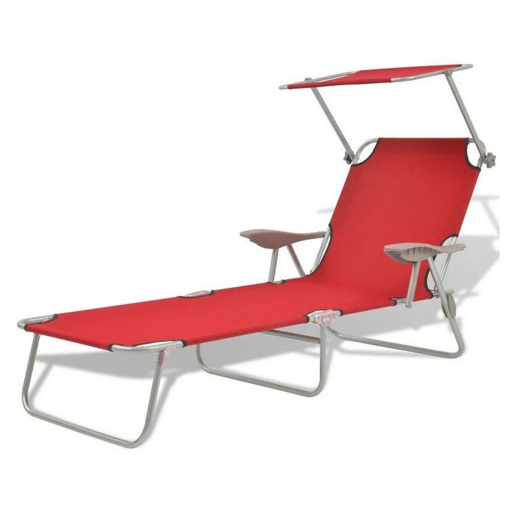 Chaise longue pliable avec auvent tissu rouge et métal Zita - Photo n°1