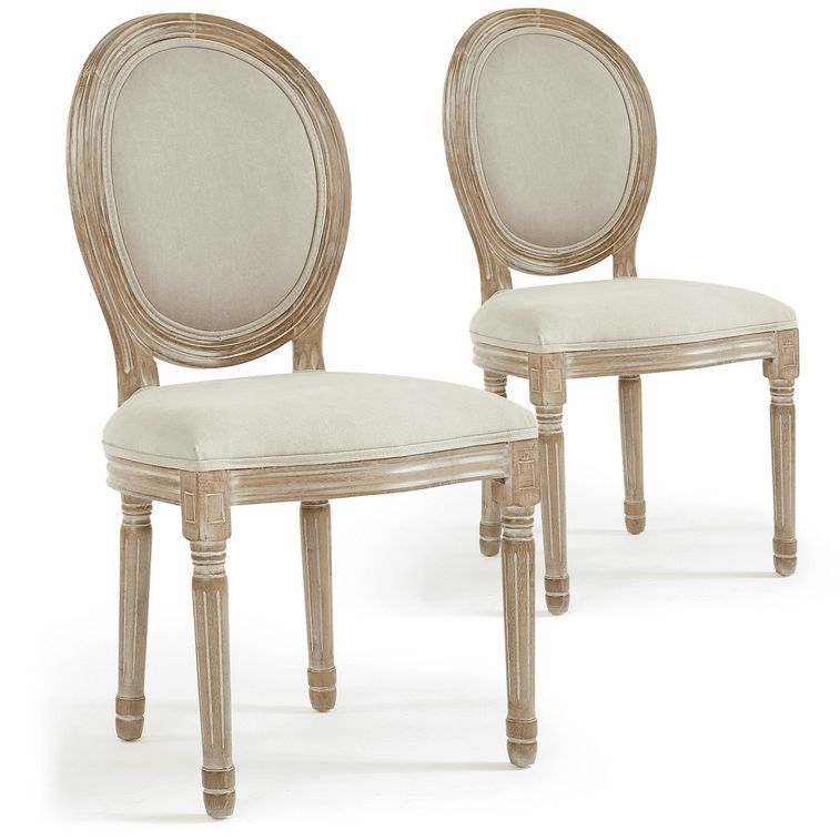 Chaise médaillon bois et tissu beige Louis XVI - Lot de 2 - Photo n°1