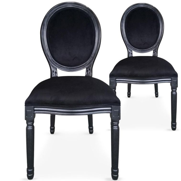 Chaise médaillon bois noir et velours noir Louis XVI - Lot de 2 - Photo n°1