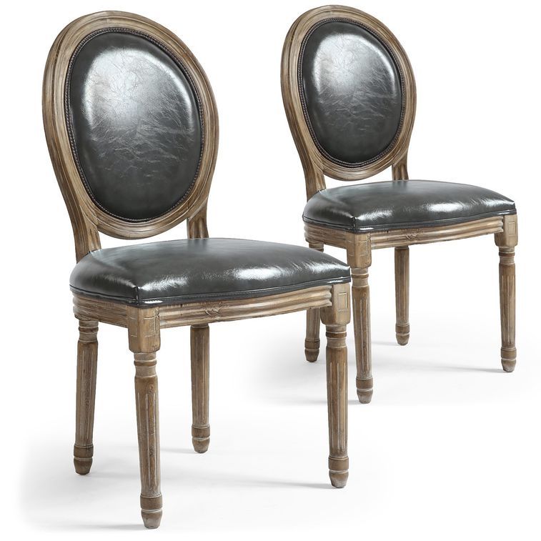 Chaise médaillon bois patiné et simili gris Louis XVI - Lot de 2 - Photo n°1