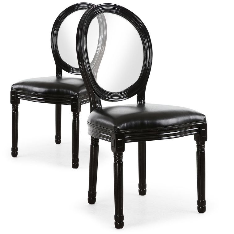 Chaise médaillon bois patiné noir et simili noir Louis XVI - Lot de 2 - Photo n°1