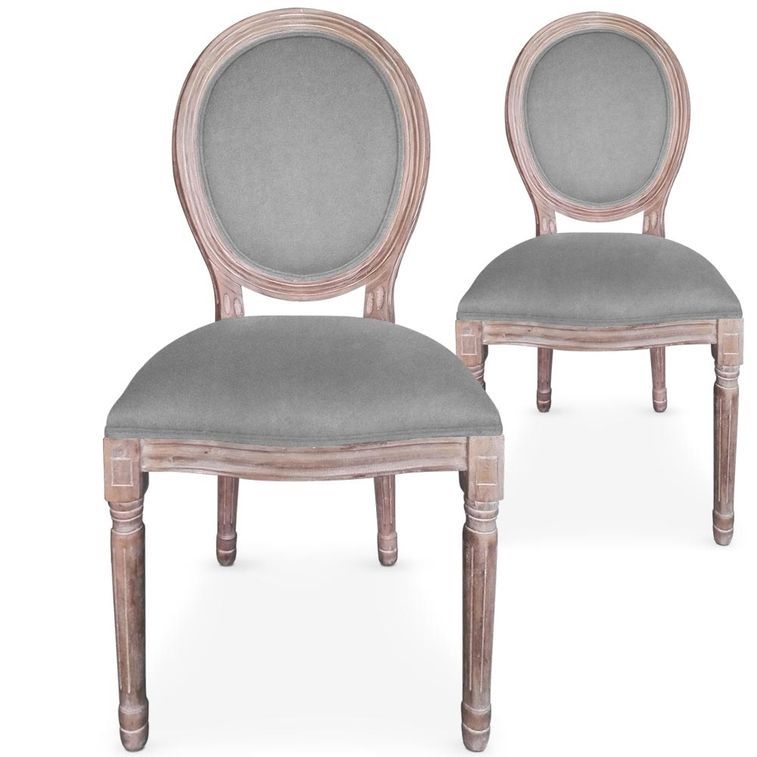 Chaise médaillon bois vieilli et tissu gris Louis XVI - Lot de 2 - Photo n°1