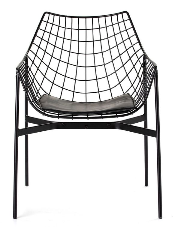 Chaise métal blanc avec accoudoirs et coussin simili cuir noir Ram - Photo n°2