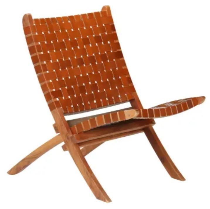 Chaise pliante cuir bandes marron et acacia laqué clair Manilou - Photo n°1