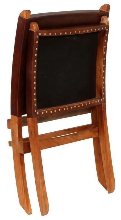Chaise pliante cuir marron et acacia laqué foncé Manilou - Photo n°4