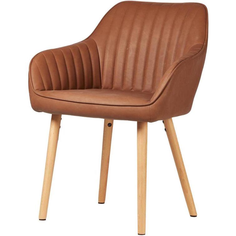 Chaise avec accoudoir vintage similicuir marron clair et pieds bois naturel Vizon - Lot de 2 - Photo n°1